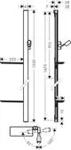 Technisches Diagramm einer Brausestange mit Halterungen, einem Schlauch und Ablagen, dargestellt in seitlicher und frontaler Ansicht. Marke Hansgrohe.